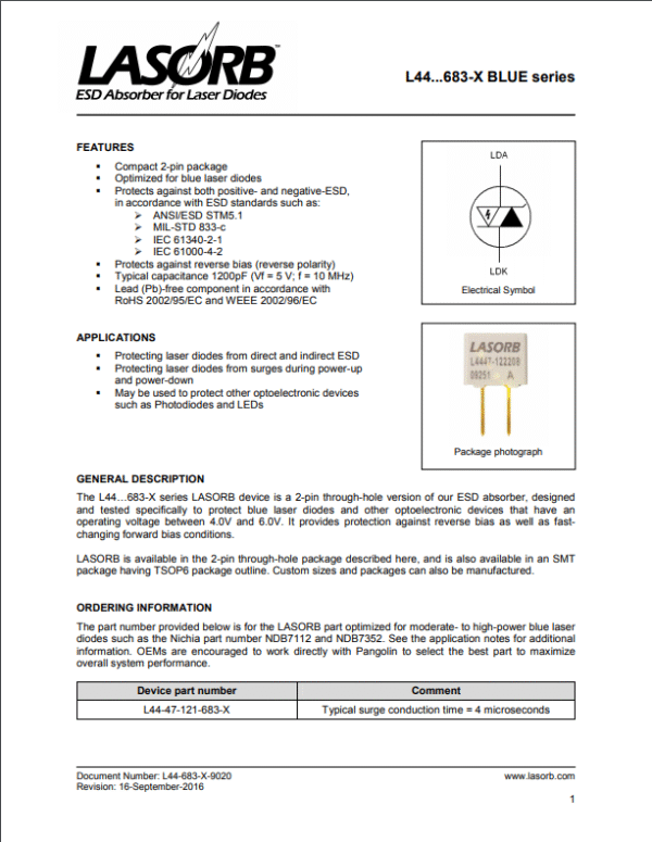 Blue A LASORB - ESD Protection For Blue Laser Diodes - L44-47-121-683-X