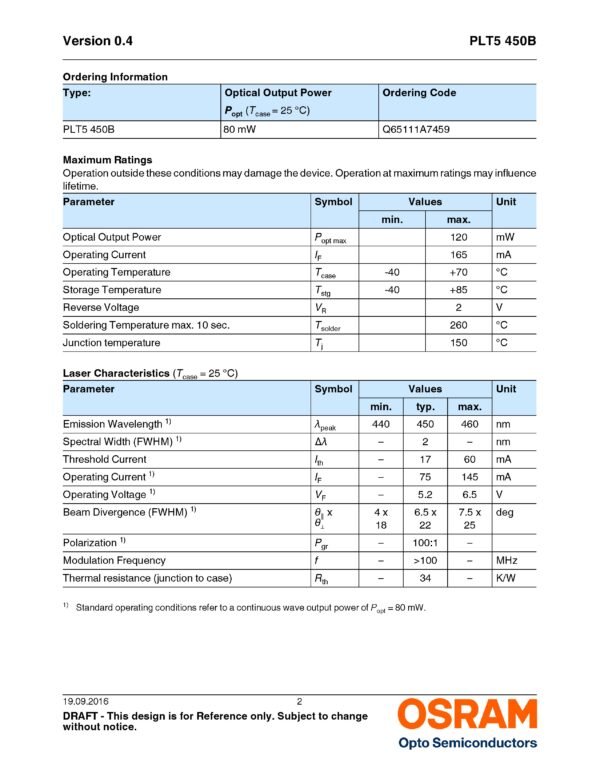 Osram PLT5 450B - 80mW-120m-300mW 450nm