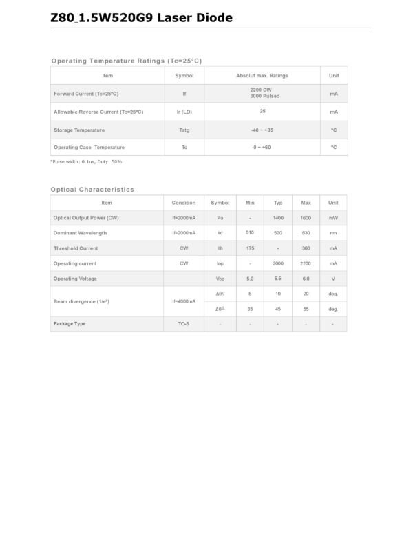 Z80_1.5W520G9_Datasheet_1 Z80 Lasers - Z80_1.5W520G9 - 1.5W 520nm